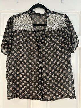 Nordstrom Black Sheer Floral Blouse with White Lace Yoke